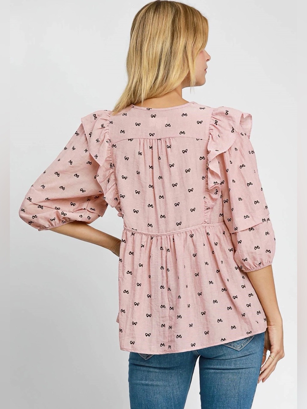 🎀NWT Umgee "Bow🎀 Babydoll Blouse w/3/4 Puff Sleeves w/Ruffles” Mauve💗Black🖤Small - Picture 3 of 14